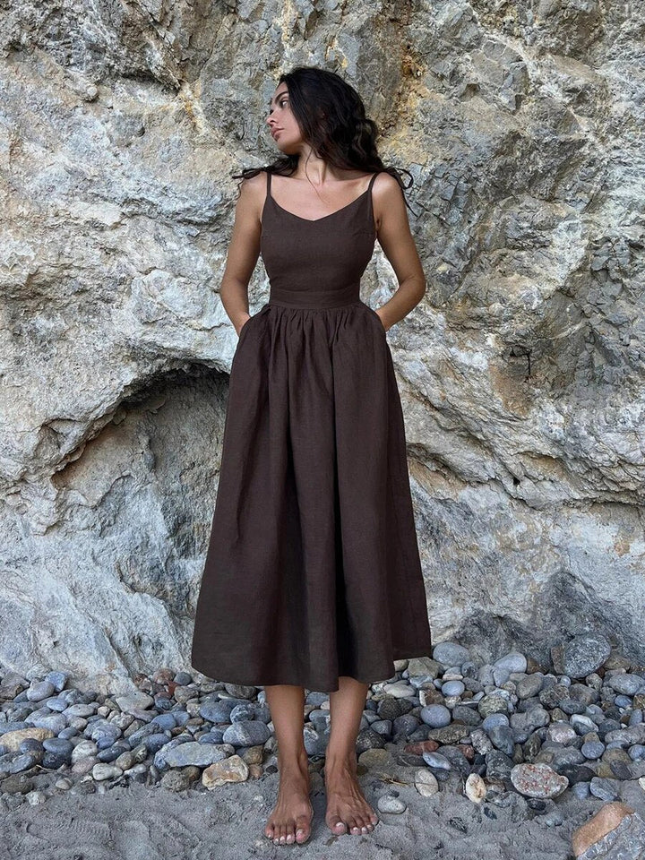 Elisca – Elegant Tie Shoulder Linen Dress