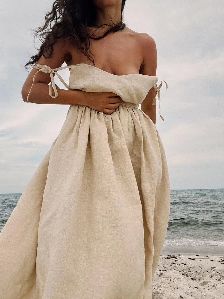 Elisca – Elegant Tie Shoulder Linen Dress