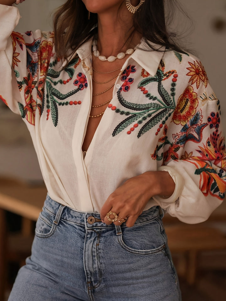 Nerida – Embroidered Boho Button-Up Blouse