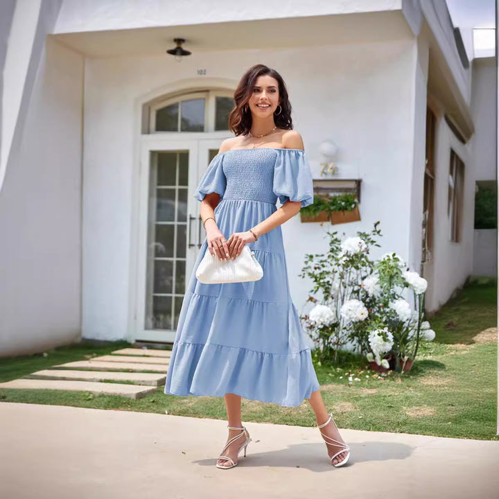 Selene – Off-Shoulder Shirred Midi Dress
