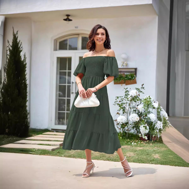 Selene – Off-Shoulder Shirred Midi Dress