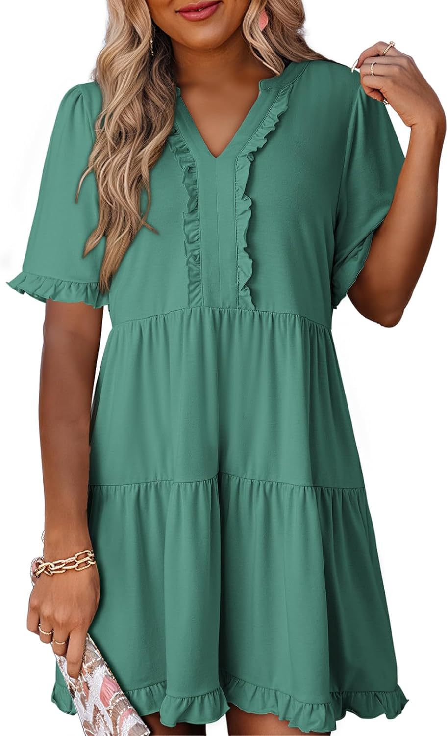 Zailie – Ruffle Trim Tiered Mini Dress
