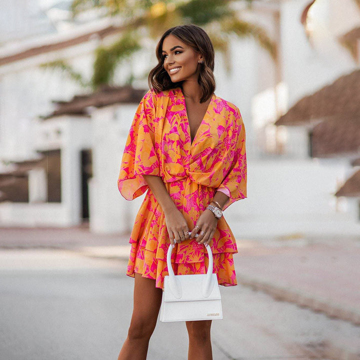Yeng – Draped Floral Ruffle Mini Dress
