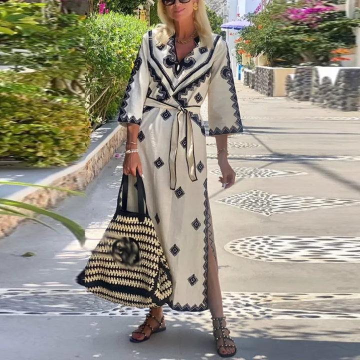 Xaviera – Embroidered Belted Maxi Dress