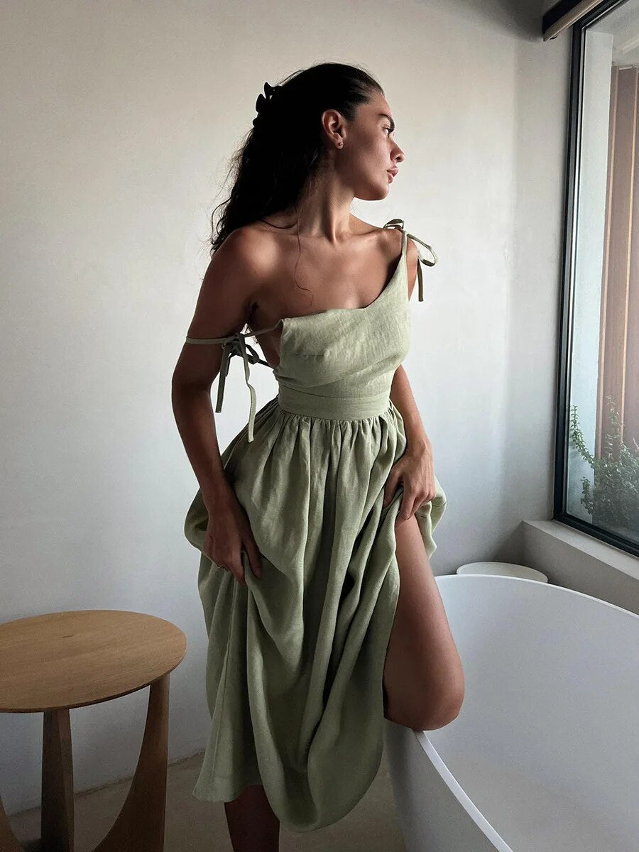 Elisca – Elegant Tie Shoulder Linen Dress