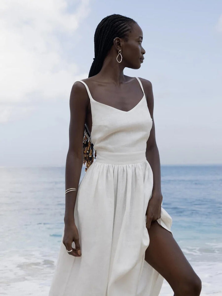 Elisca – Elegant Tie Shoulder Linen Dress