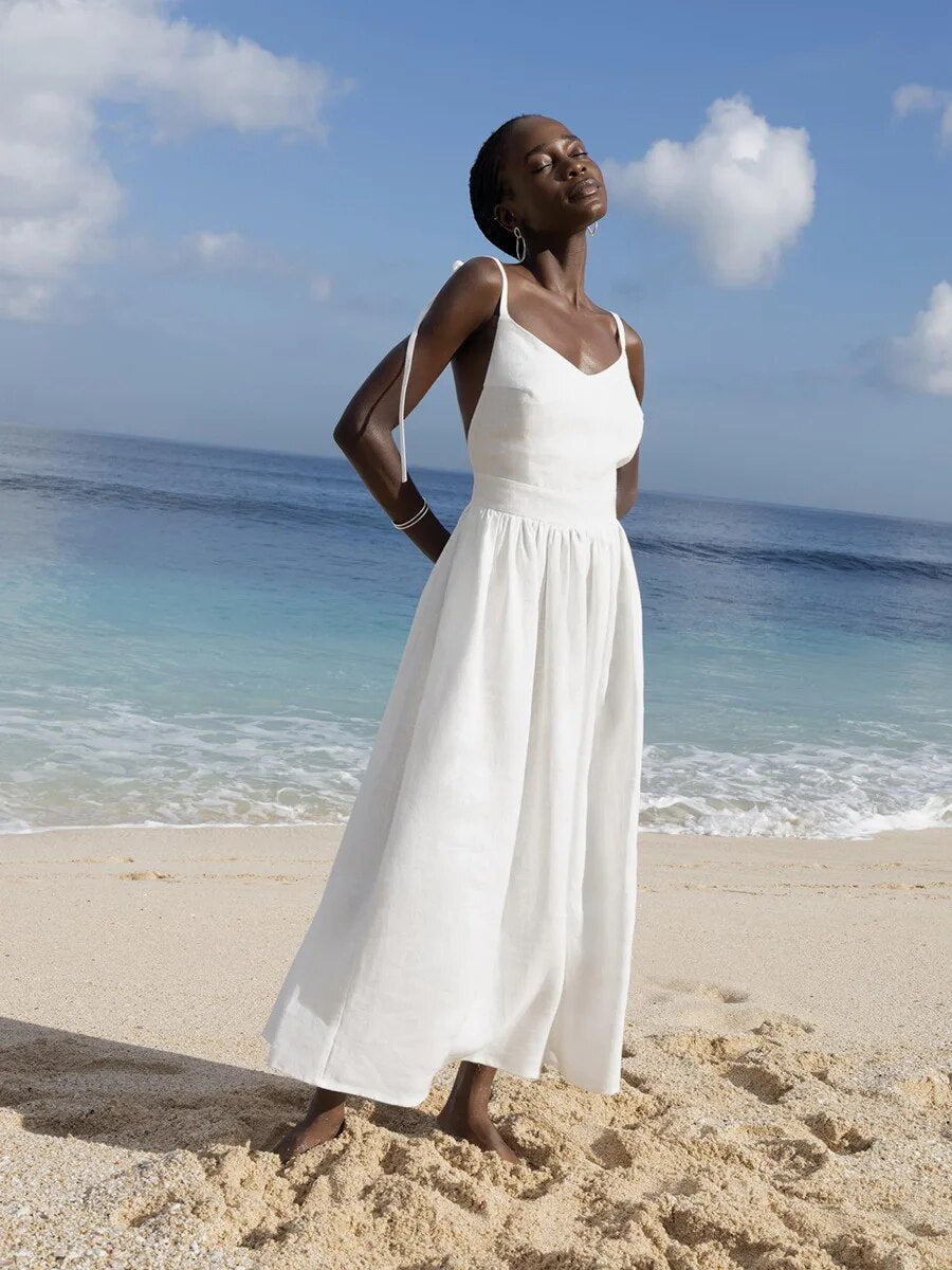 Elisca – Elegant Tie Shoulder Linen Dress